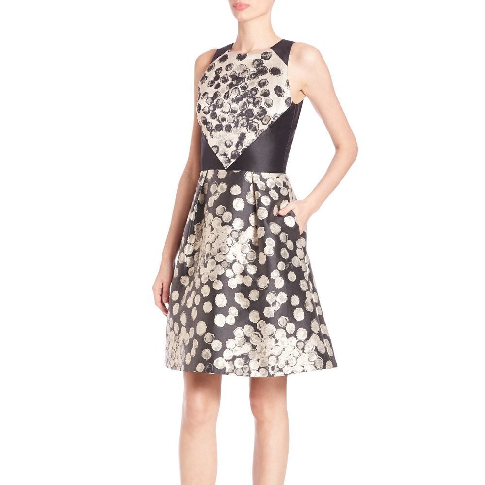 Theia Size 8 Metallic Polka Dot Cocktail Dress Silk Damask Fit and Flare